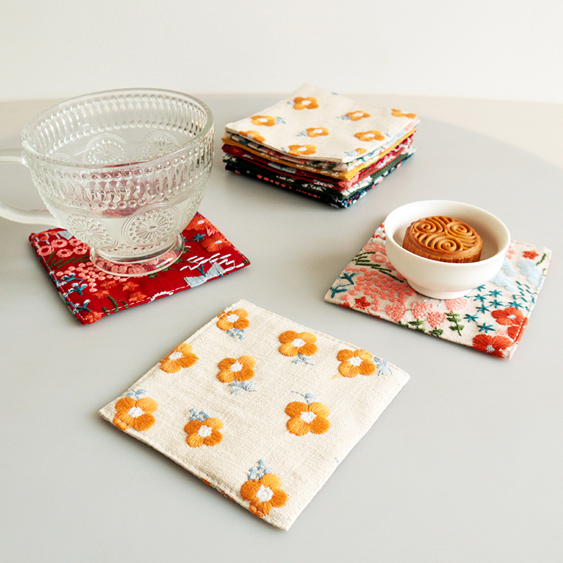 Coffee Plus Tea - New Cotton Hemp Cup Mat Embroidery