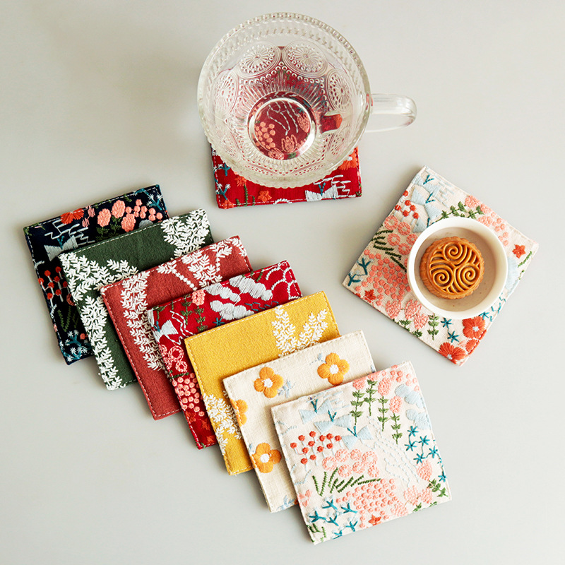 New Cotton Hemp Cup Mat Embroi - Coffee Plus Tea 评论和价格